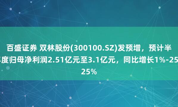 百盛证券 双林股份(300100.SZ)发预增，预计半年度归母净利润2.51亿元至3.1亿元，同比增长1%-25%